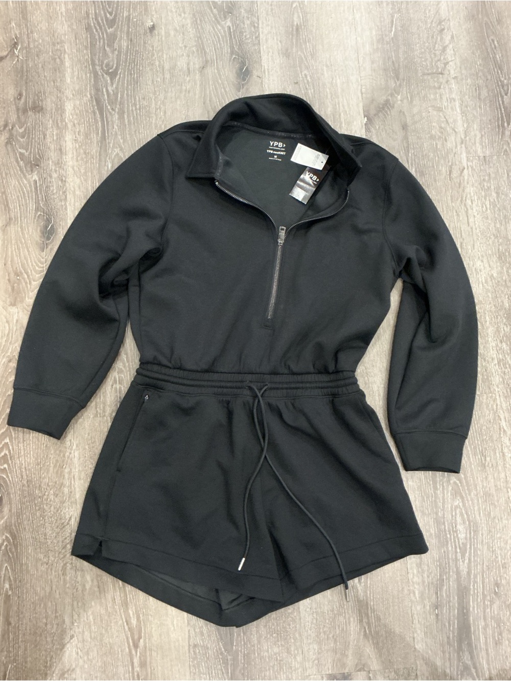 Womens Black Zip-Front Romper with Drawstring Waist, NWT size Medium
